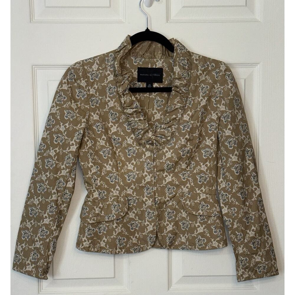 Banana Republic Tan & Blue Lightweight Ruffled Blazer Jacket Women's Size XS
